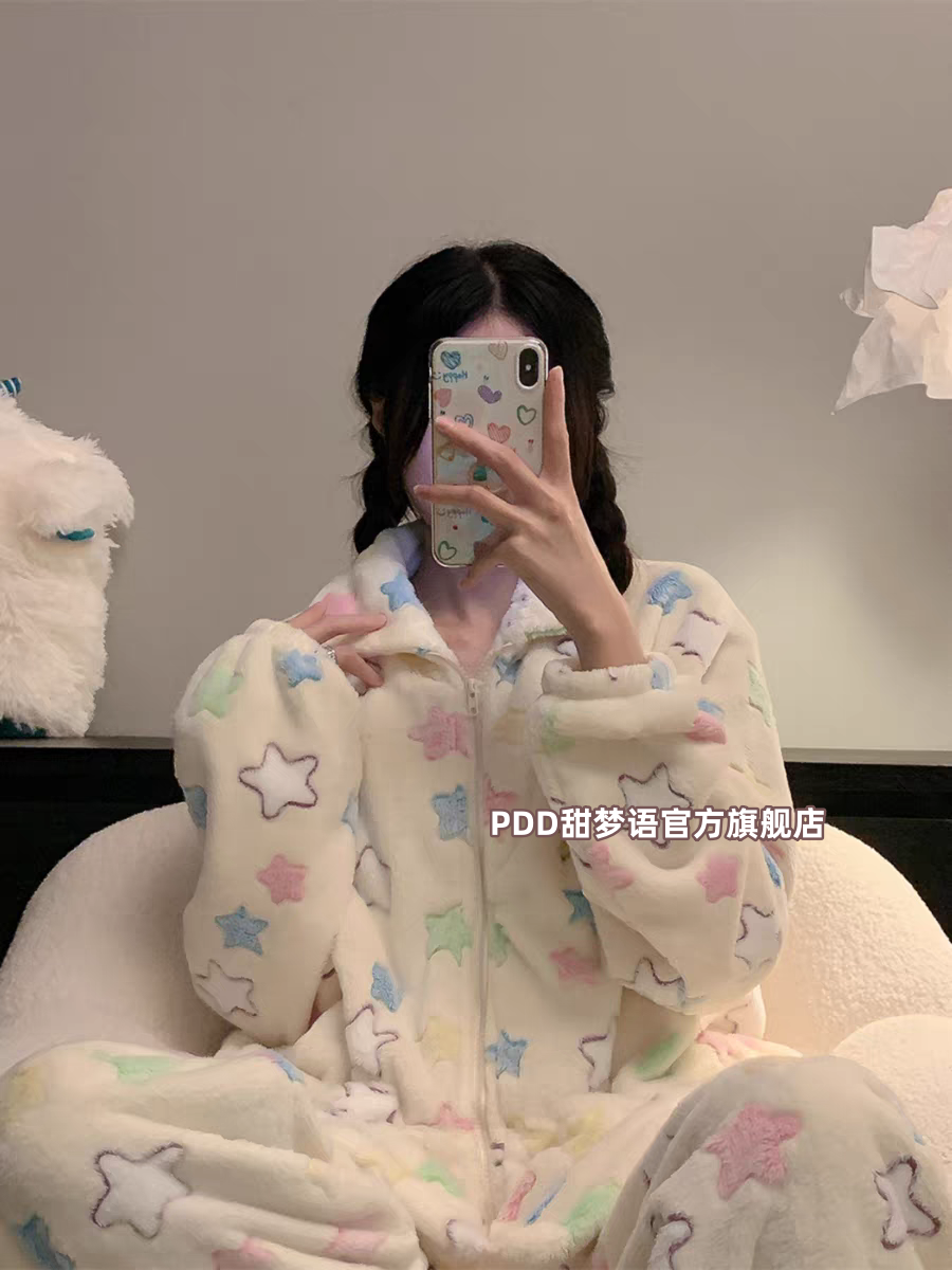 韓版ins加厚珊瑚絨睡衣女秋冬款可愛少女風保暖法蘭絨家居服套裝