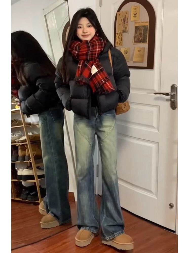 復古做舊微喇牛仔褲女冬季新款美式寬鬆遮肉顯瘦百搭直筒喇叭褲子