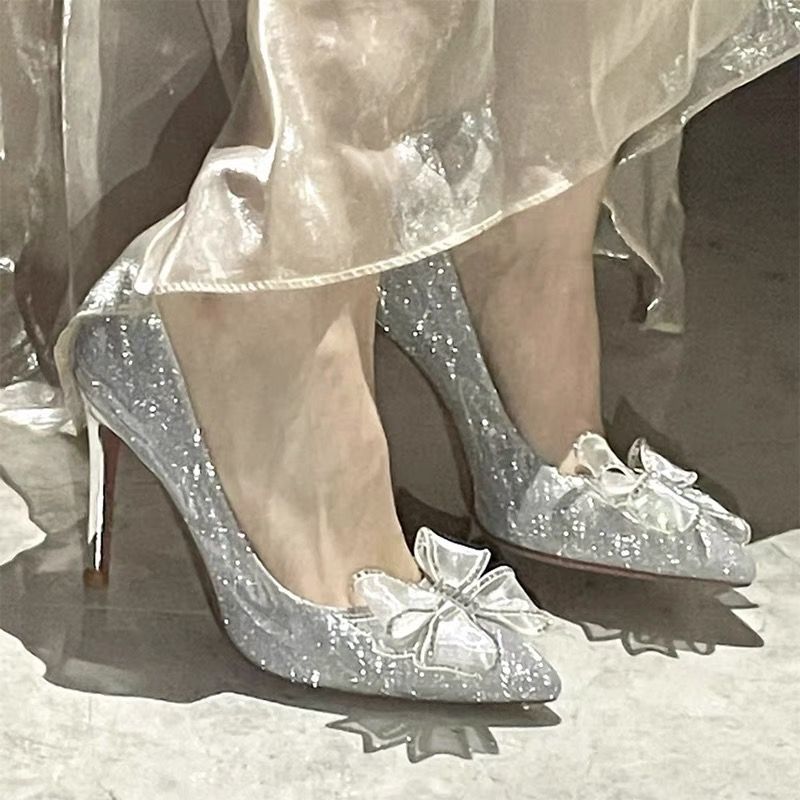 High heels women's stiletto 2023 spring and autumn new Korean style bow niche evening dress banquet princess shoes wedding shoes