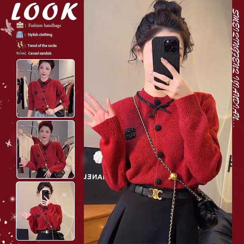 Fashionable red bow outer sweater  new women's autumn and winter short thick knitted cardigan jacket