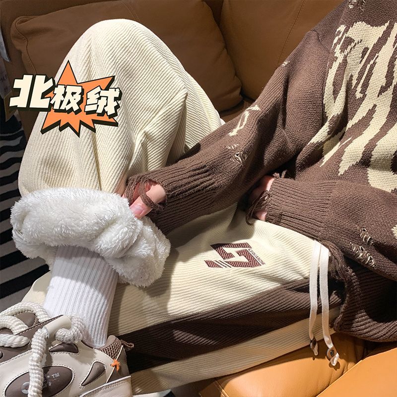 燈芯絨束腳褲子男士秋冬季新款加絨加厚百搭防寒超厚羊羔絨休閒褲