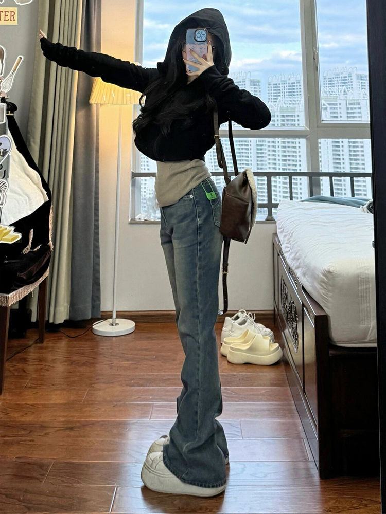 復古做舊微喇牛仔褲女冬季新款美式辣妹低腰修身顯瘦直筒喇叭褲子