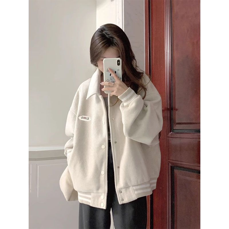 美式復古棒球服外套女秋冬季加絨加厚寬鬆休閒新款設計感夾克上衣