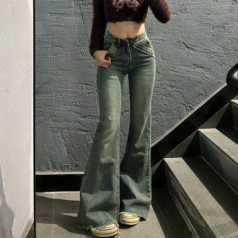 復古做舊毛邊微喇牛仔褲女小個子辣妹高腰彈力直筒顯瘦馬蹄長褲潮
