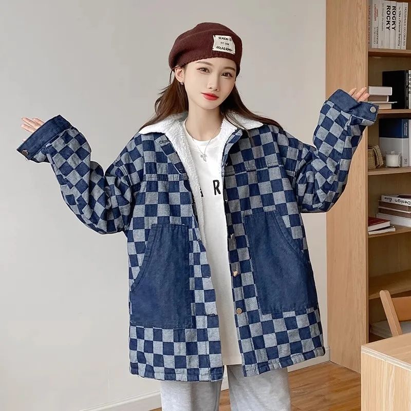 Autumn and winter lamb plush checkerboard jackets for men and women street fashion brand hip-hop bf loose couple retro thickened cotton clothing