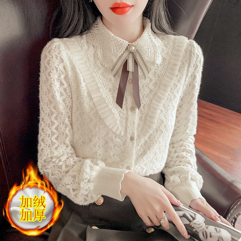 蕾絲打底衫女2023冬裝新款洋氣娃娃領長袖襯衫寬鬆時尚氣質女上衣