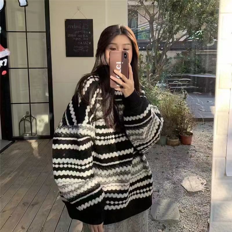 條紋套頭大毛衣女秋冬寬鬆外穿oversize慵懶風上衣中長款2023新款