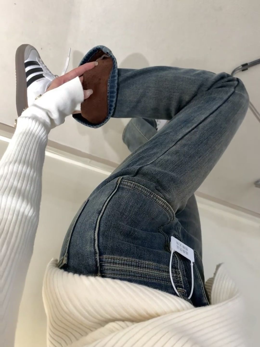 大碼加絨加厚微喇牛仔褲女秋冬季胖妹妹mm顯瘦高腰彈力復古喇叭褲
