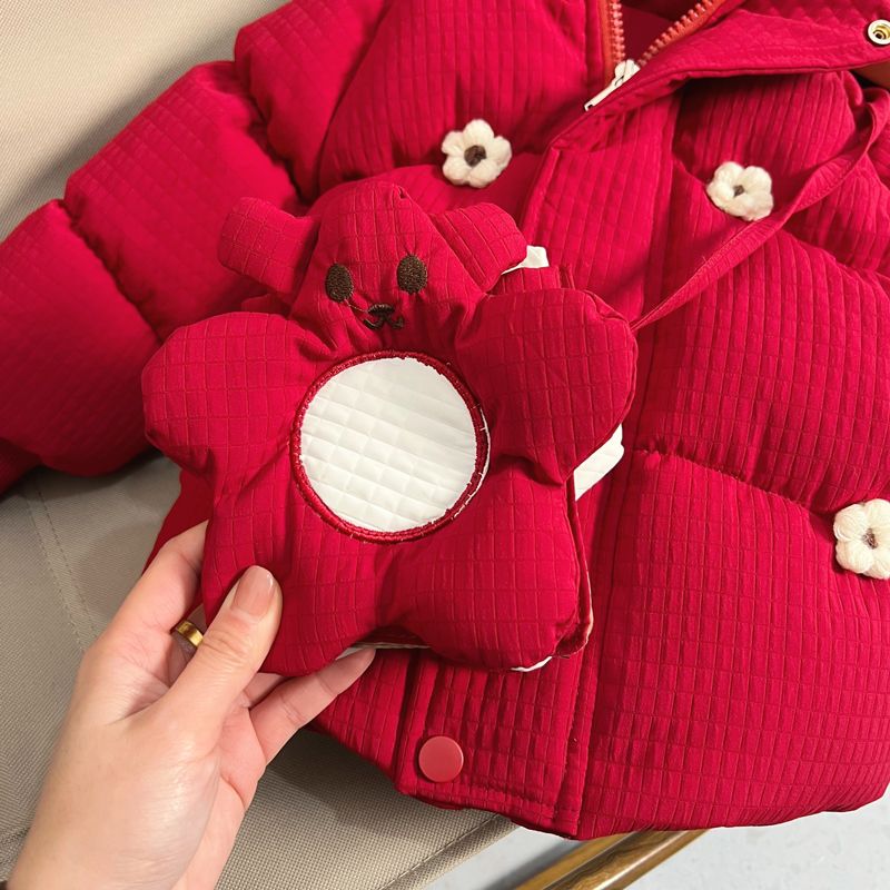 女童冬季棉服加绒加厚女宝宝冬装2023新款时髦红色小童棉袄套装冬