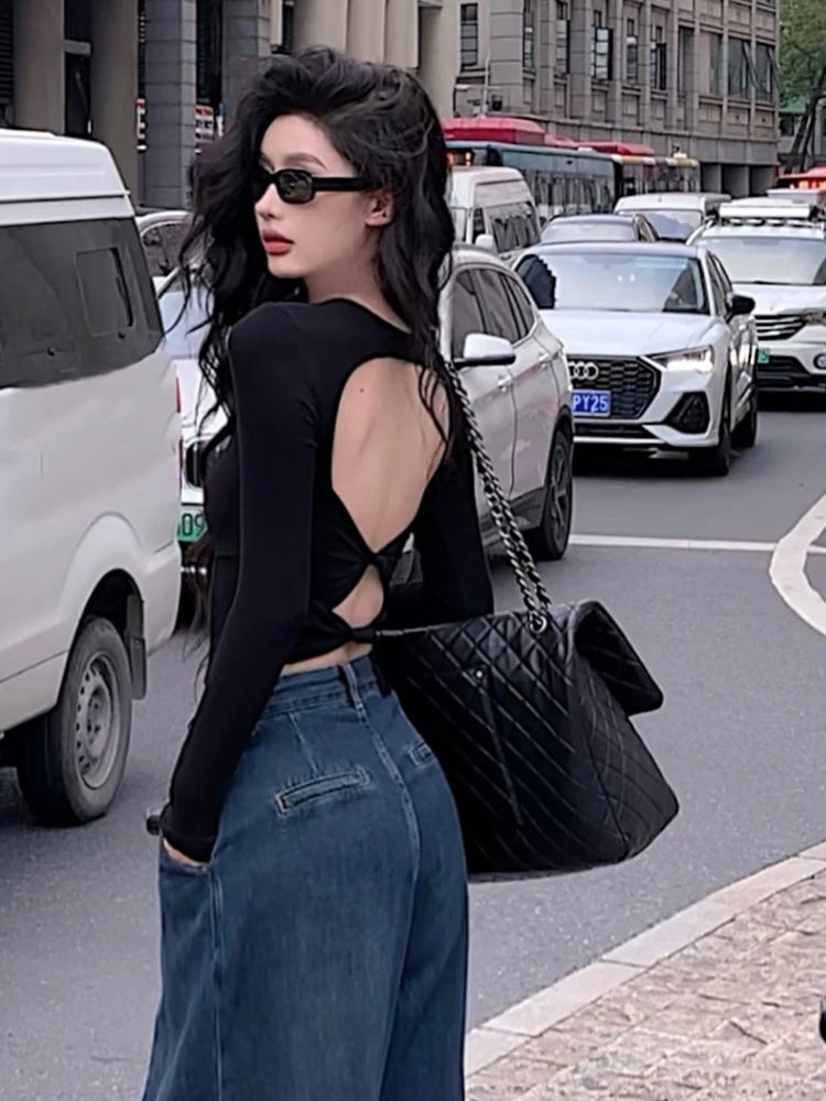 露背辣妹純欲風設計感小眾別致短款上衣女早秋小衫新款長袖t恤潮