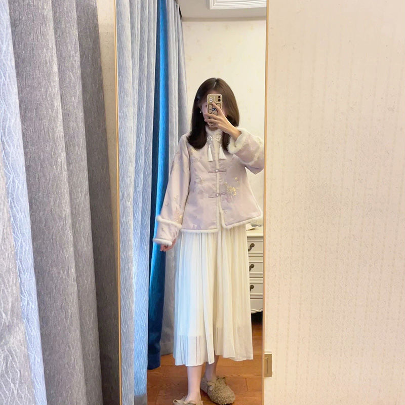 2023新中式國風女裝盤扣秋冬款國風外套冬季新款毛絨氣質通勤上衣