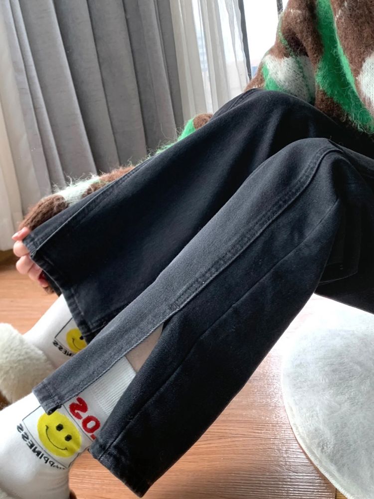 黑色顯瘦開叉微喇牛仔褲女胖mm高腰小個子喇叭褲大碼修身直筒褲子