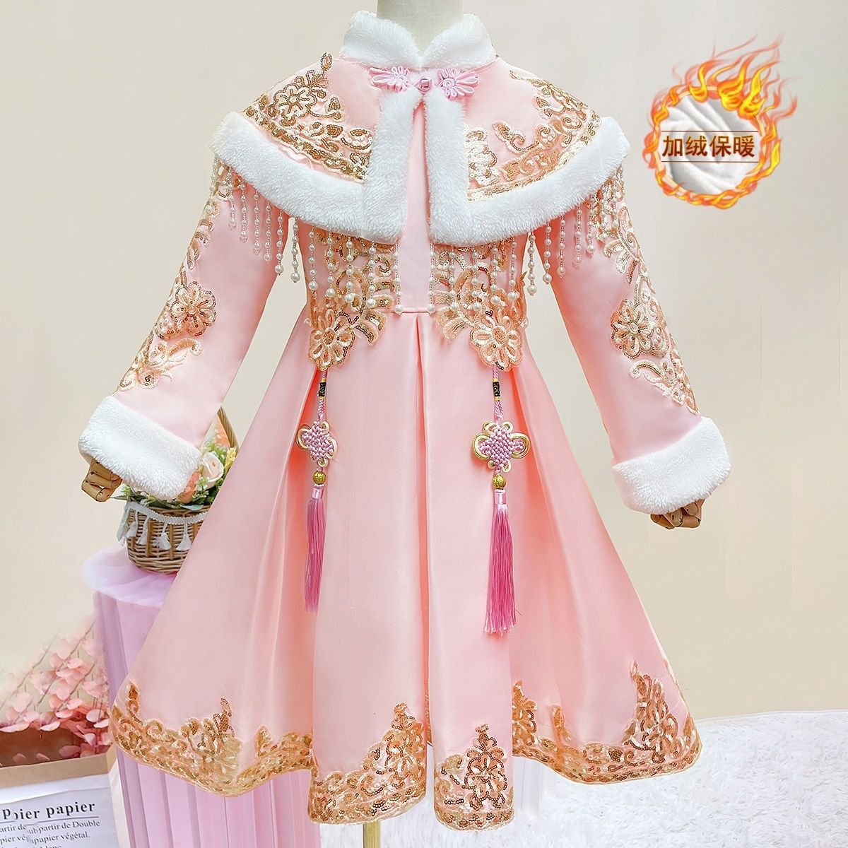 女童拜年服冬季加絨兒童新款古裝加厚中國風漢服唐裝過年連衣裙冬