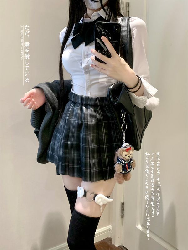 日系原創jk制服裙正版高腰百褶裙女狗短碳渡灰格裙收腰襯衫套裝秋