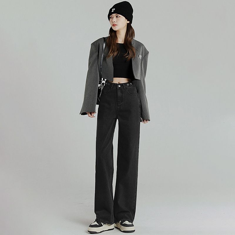 可調節腰扣高腰闊腿牛仔褲女2023秋冬新款百搭顯高顯瘦拖地牛仔褲