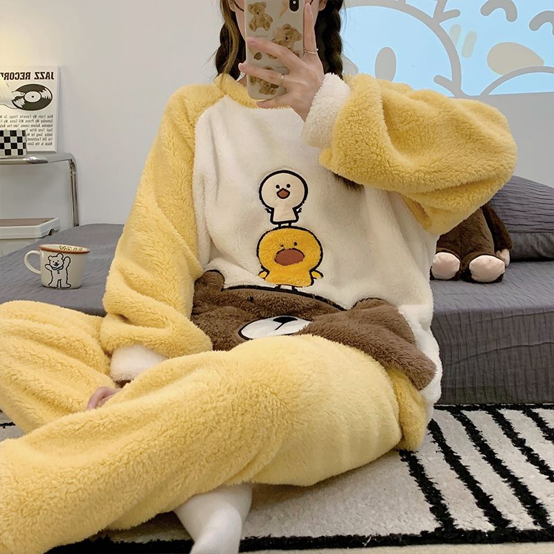 珊瑚絨睡衣女秋冬季加絨加厚保暖可愛長袖可外穿法蘭絨家居服套裝