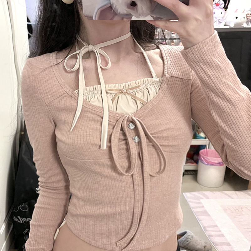 甜美假兩件綁帶打底衫長袖T恤女早秋季修身顯瘦甜辣針織衫上衣ins