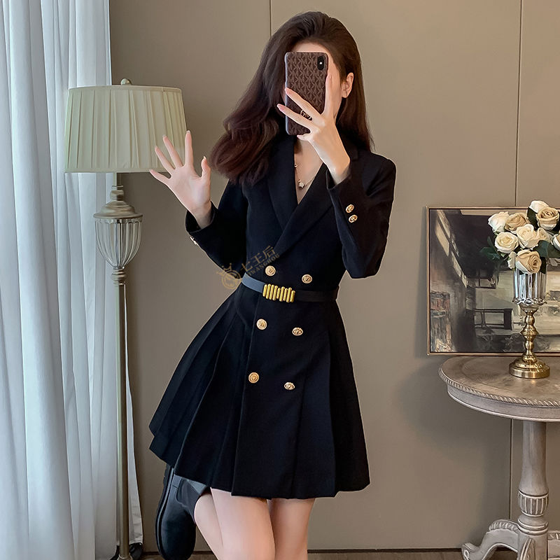 Black suit dress for women spring and autumn 2024 new French double-breasted small fashionable professional skirt