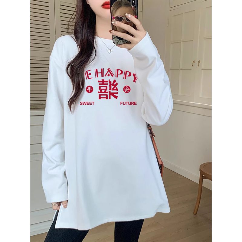 100%純棉兩側開叉長袖t恤女秋季新款寬鬆百搭ins打底衫氣質上衣潮