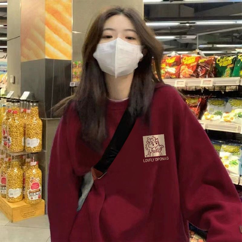 酒紅色加絨衛衣女小個子秋冬外套秋冬季2024新款本命年女裝龍年