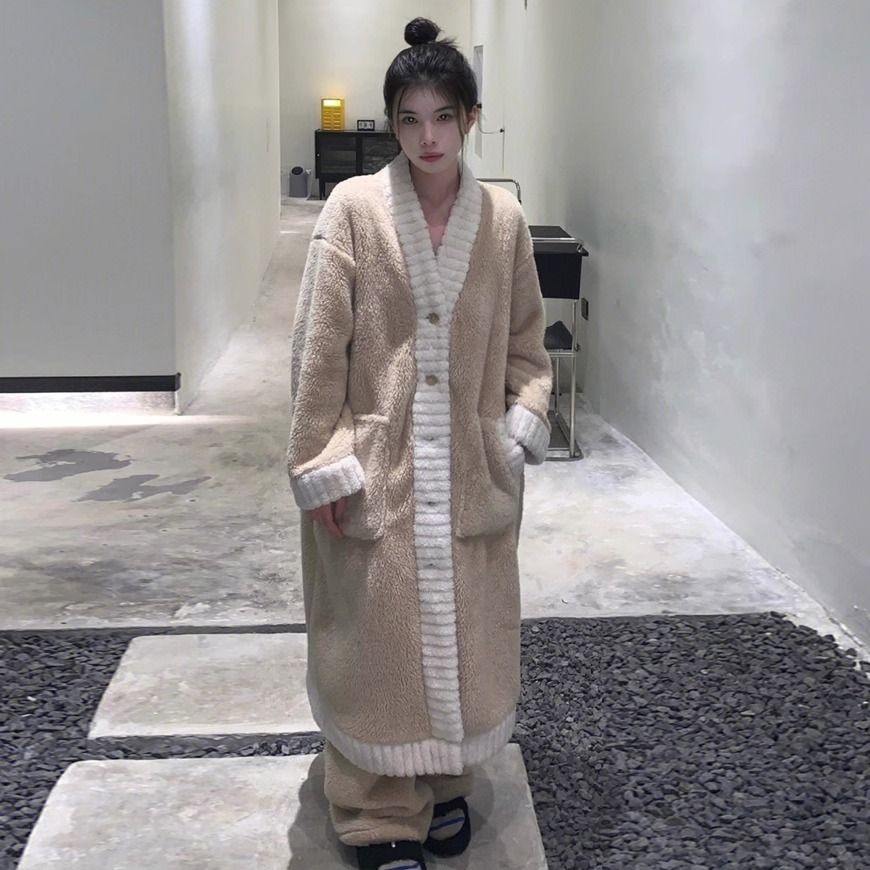 珊瑚絨睡衣女款秋冬季加厚加絨網紅風長款睡袍法蘭絨家居服兩件套