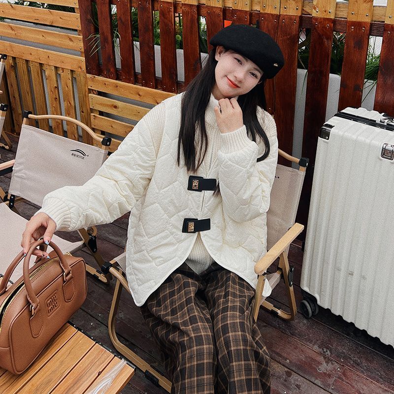 白色菱形格棉衣马甲套装女秋冬2023新款韩版时尚设计感棉服两件套