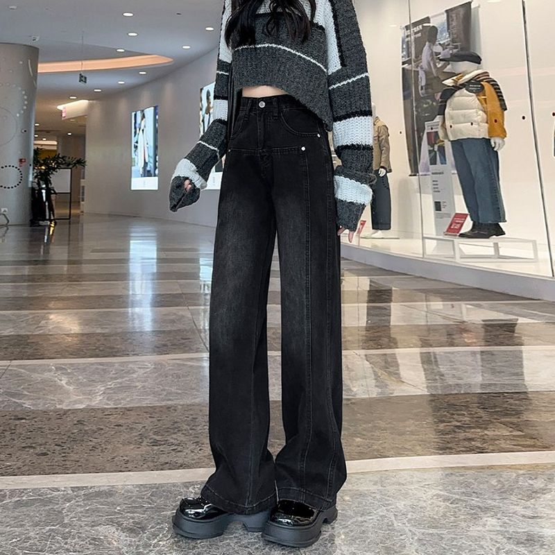 高腰复古黑灰个性阔腿牛仔裤女年冬季韩版宽松直筒显瘦拖地裤