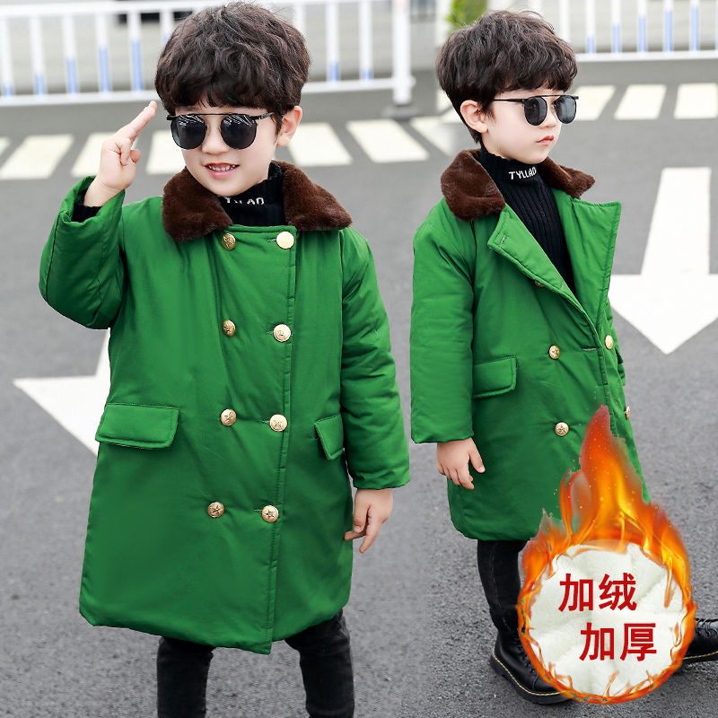 儿童加棉军绿色大衣保暖中长款宝宝冬季男童加厚复古外套棉衣加绒