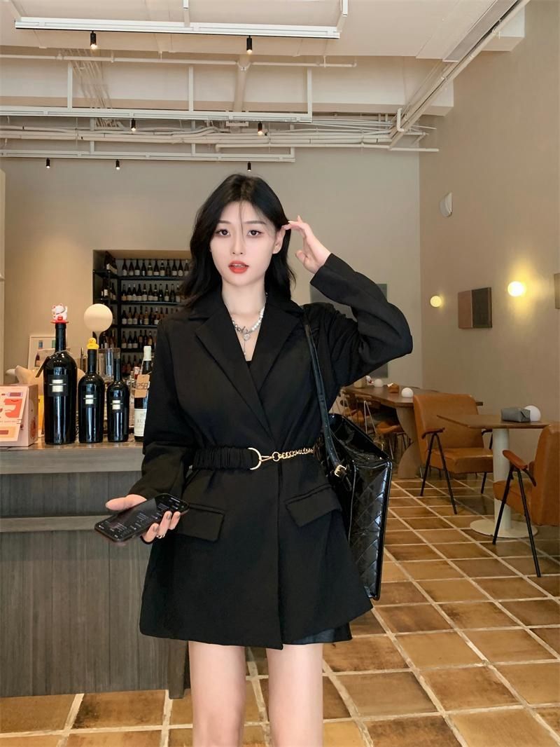 黑色西裝外套女春秋季新款網紅時尚百搭潮流小個子束腰顯瘦上衣