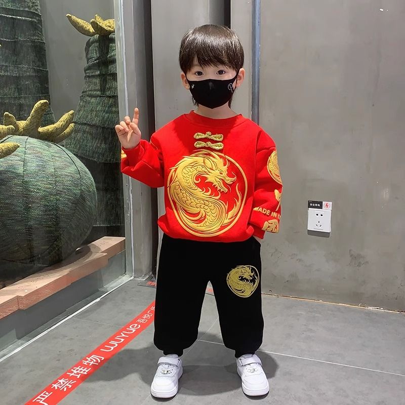 男童加絨套裝23新款衛衣年服兒童拜年服寶寶秋冬裝中國風加厚童裝
