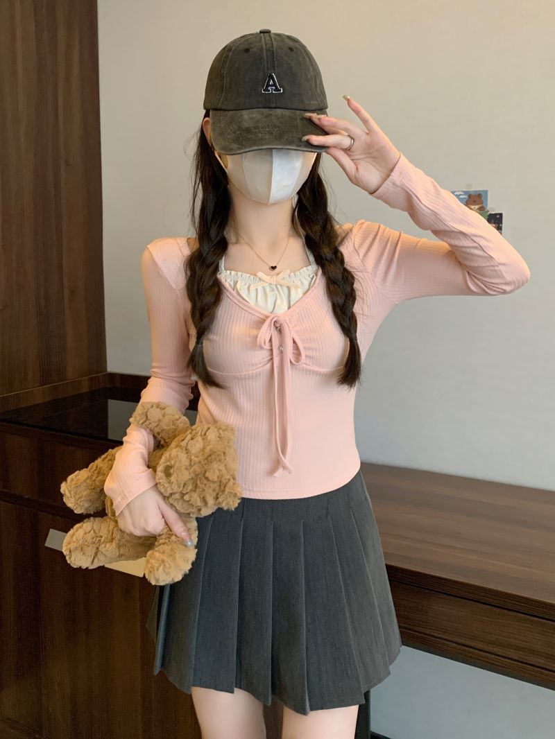 假兩件掛脖撞色拼接t恤女秋冬季純欲甜辣妹修身顯瘦別致打底上衣