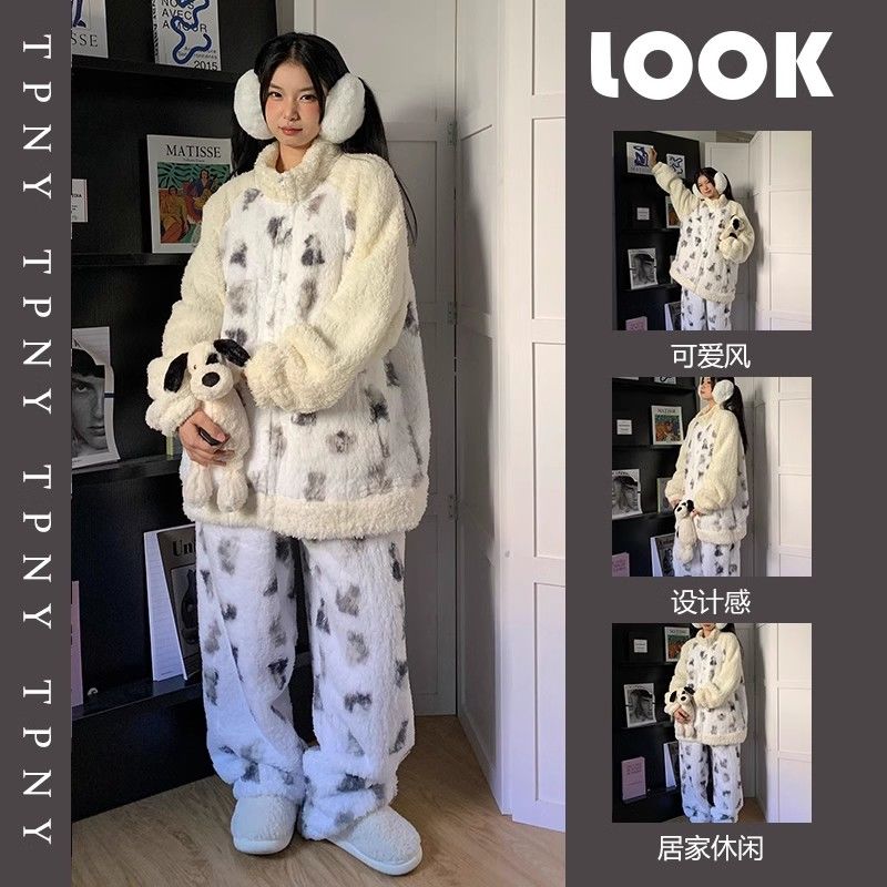 韓版網紅貓狗印花珊瑚絨睡衣女冬款新款圓領加厚毛絨絨家居服套裝