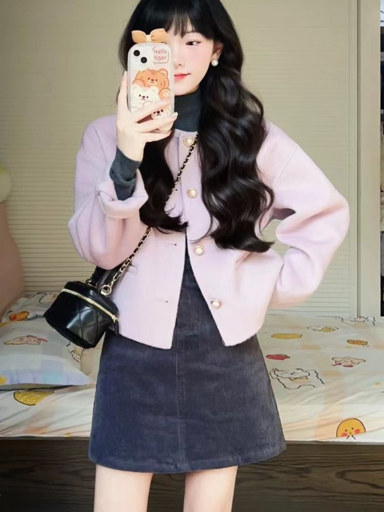 韓系甜美小香風毛呢外套女秋冬新款氣質名媛遮肉顯瘦百搭短外套潮