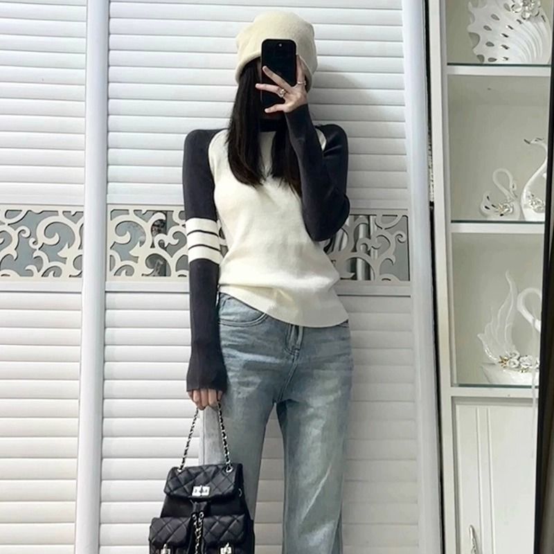 三條槓插肩純欲打底衫女春秋冬內搭高級短款T恤修身保暖上衣小衫