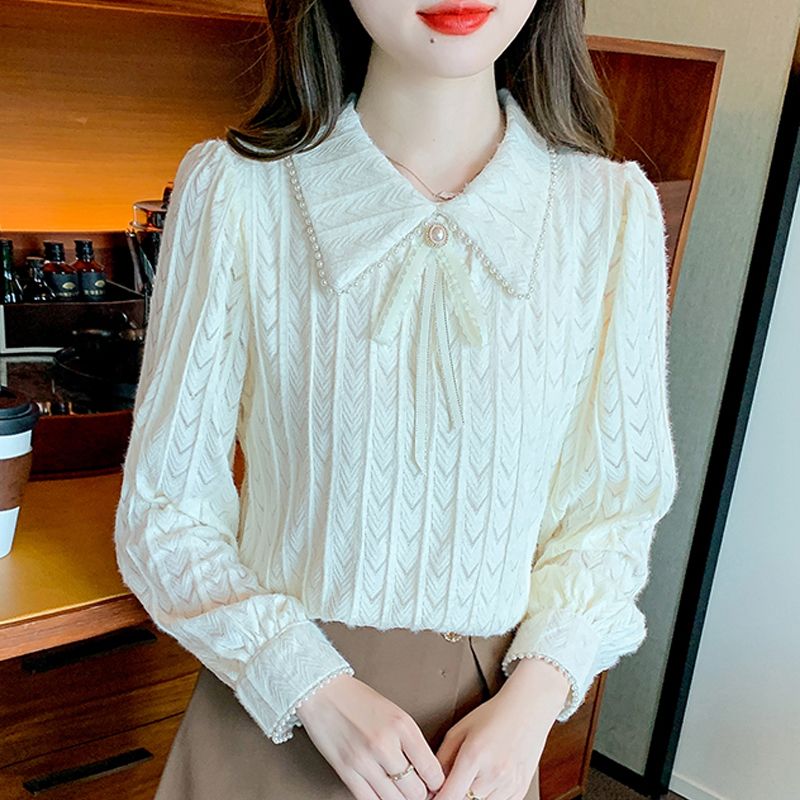 加絨加厚蕾絲內搭襯衫女秋冬2023新款時尚洋氣時髦長袖保暖打底衫