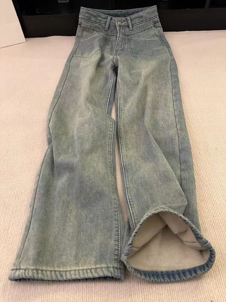 美式做舊水洗顯瘦闊腿牛仔褲女冬季新款加絨直筒寬鬆拖地長褲ins
