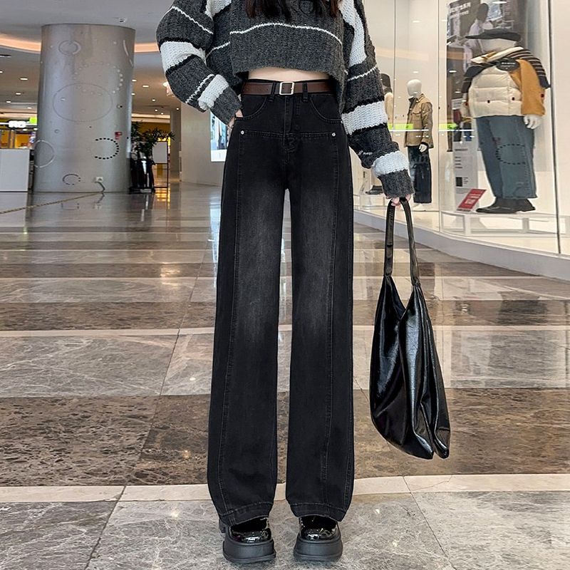高腰复古黑灰个性阔腿牛仔裤女年冬季韩版宽松直筒显瘦拖地裤
