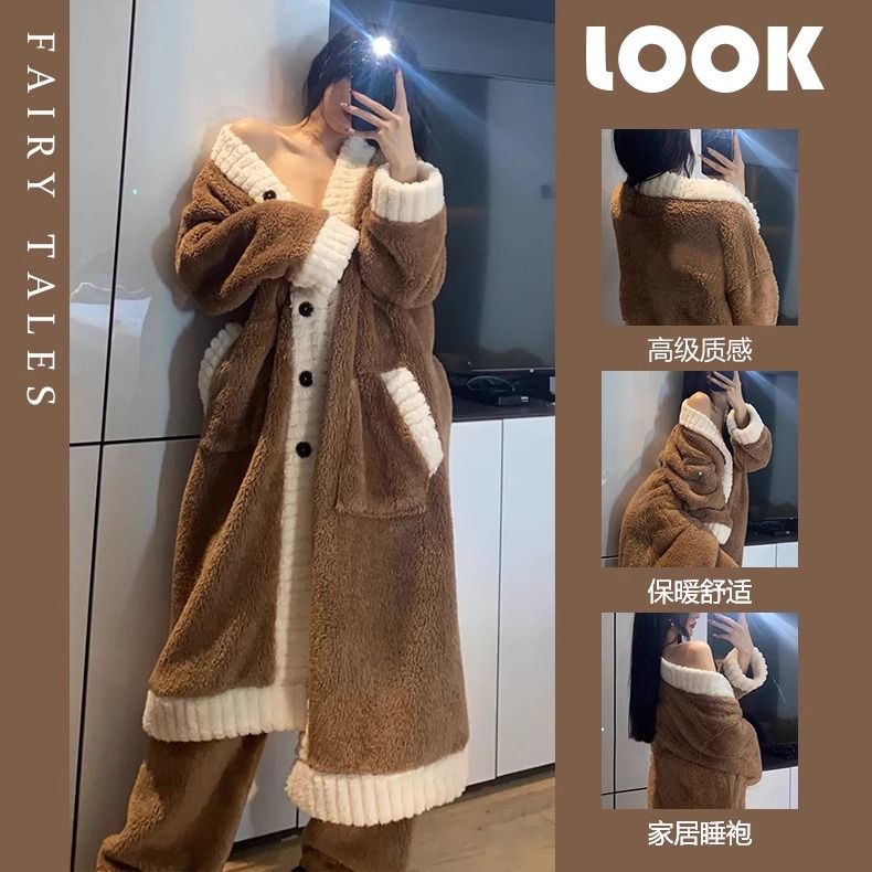 睡袍女秋冬季加絨加厚中長款法蘭絨高級感家居服睡衣冬款套裝外穿