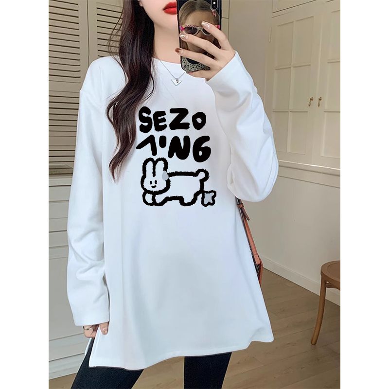 100%純棉2023秋季新款白色印花長袖t恤女韓版寬鬆打底衫上衣ins潮