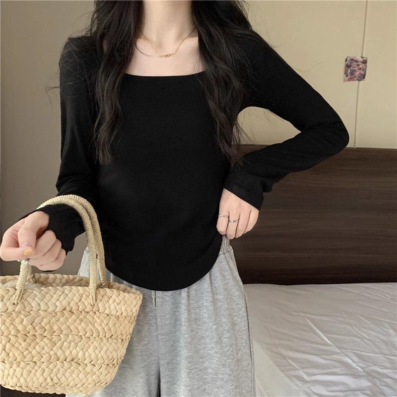 純欲風辣妹u領長袖t恤女秋季高腰露臍黑色內搭打底衫修身短款上衣