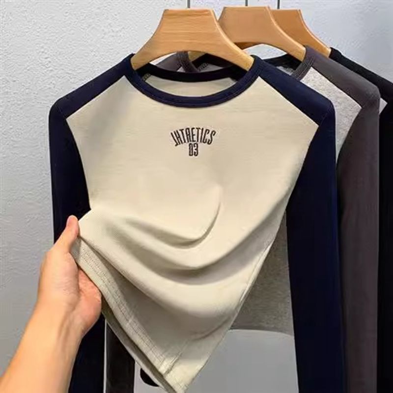 撞色插肩長袖t恤女冬季新款短款打底衫內搭字母刺繡洋氣減齡上衣