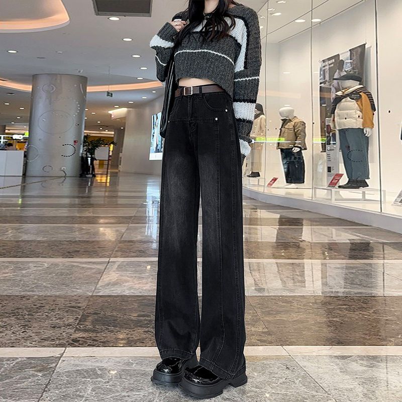 高腰復古黑灰個性闊腿牛仔褲女2023年冬季韓版寬鬆直筒顯瘦拖地褲