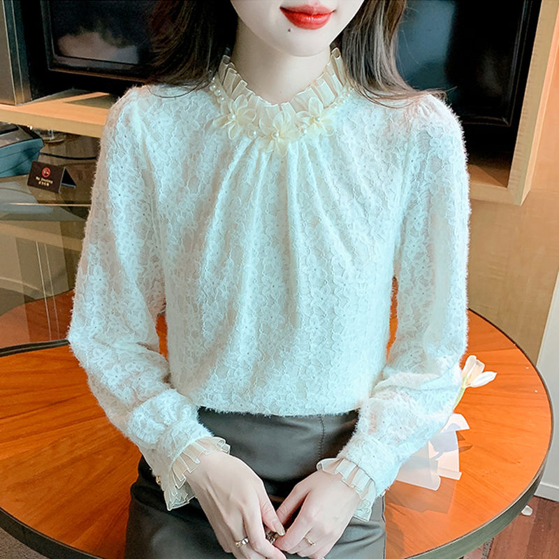 法式蕾絲打底衫秋冬季加絨加厚內搭小衫2023新款高級感氣質上衣