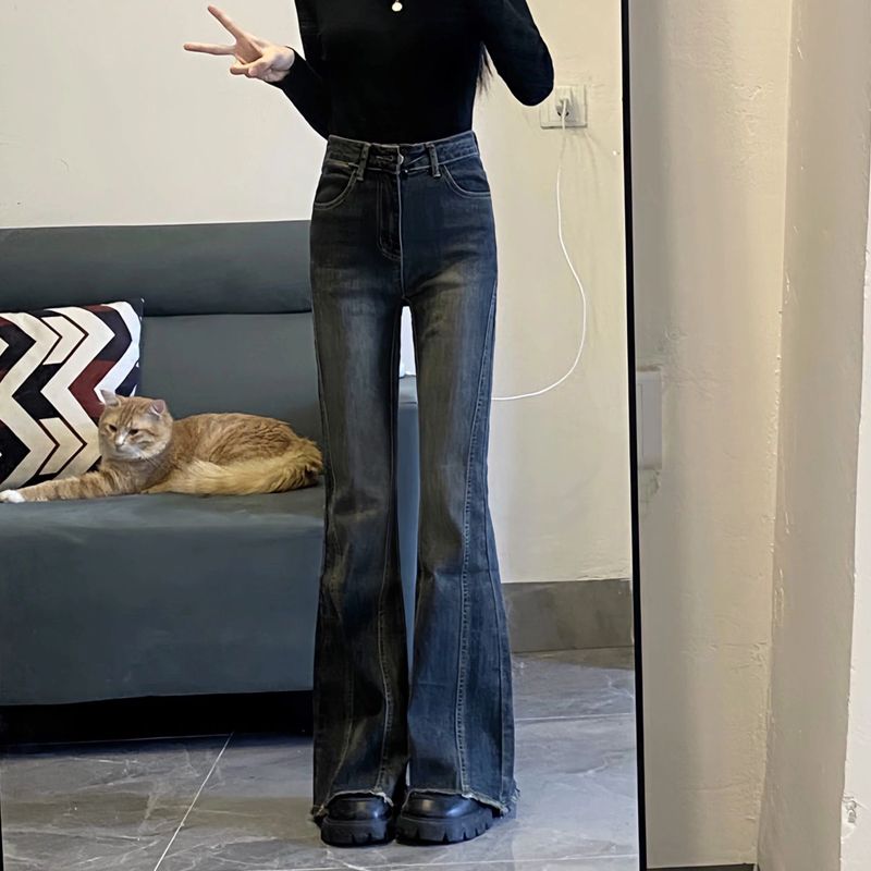復古做舊微喇叭牛仔褲女小個子高腰彈力修身顯瘦馬蹄毛邊拖地褲子