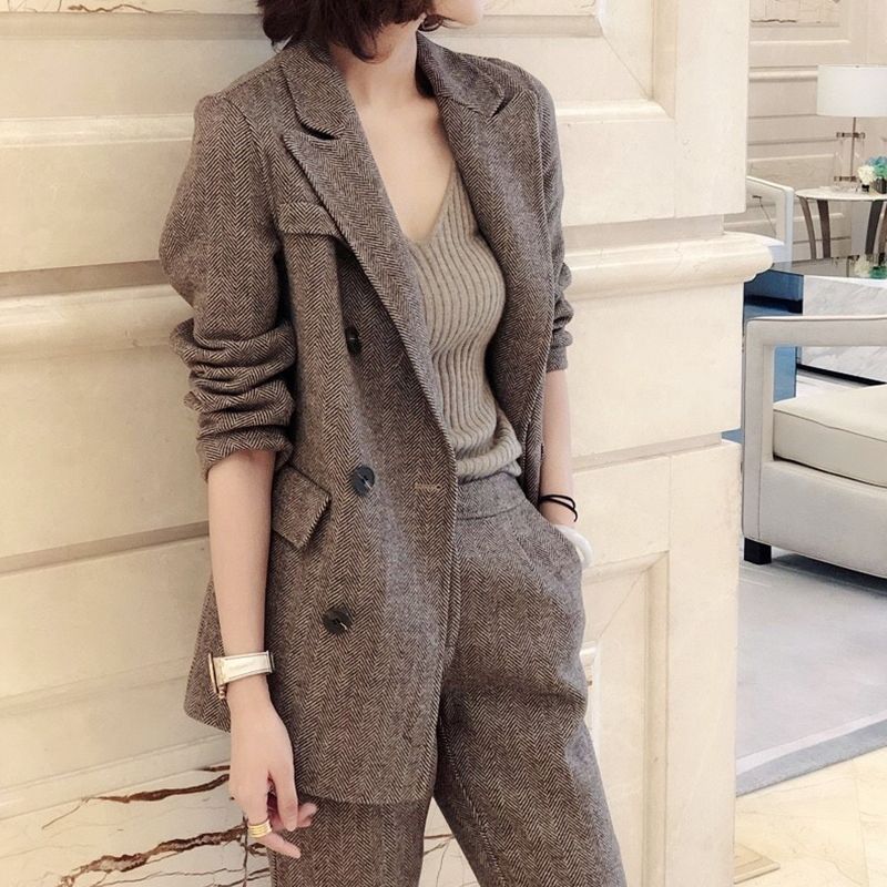 高級感毛呢西裝職業外套兩件套女2023秋冬英倫風西服褲子套裝洋氣