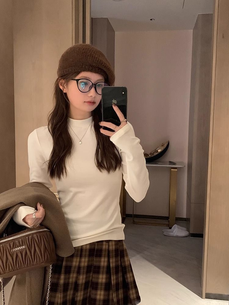 德絨加厚秋冬季打底衫女半高領韓版學生洋氣長袖內搭寬鬆保暖上衣