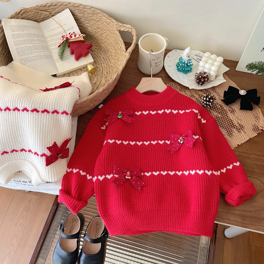 儿童冬季毛衣女童红色拜年服新款圣诞加厚蝴蝶结打底秋冬宝宝