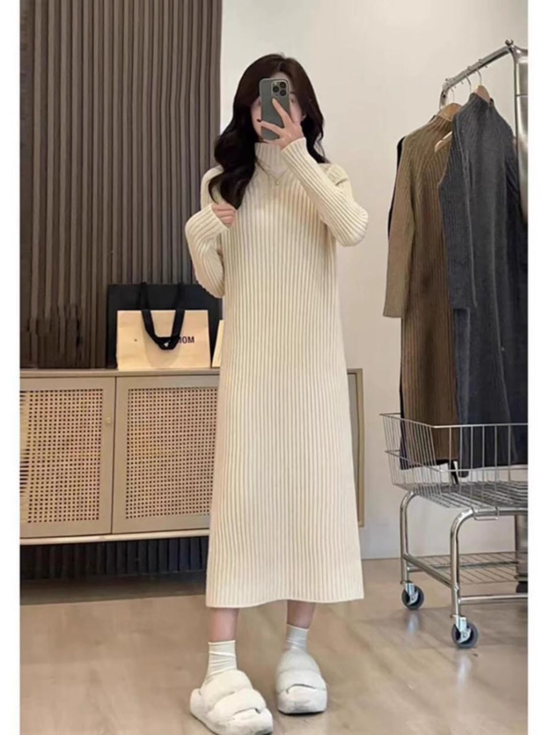 XJ家秋冬毛衣裙寬鬆內搭半高領修身顯瘦中長款過膝打底針織連衣裙