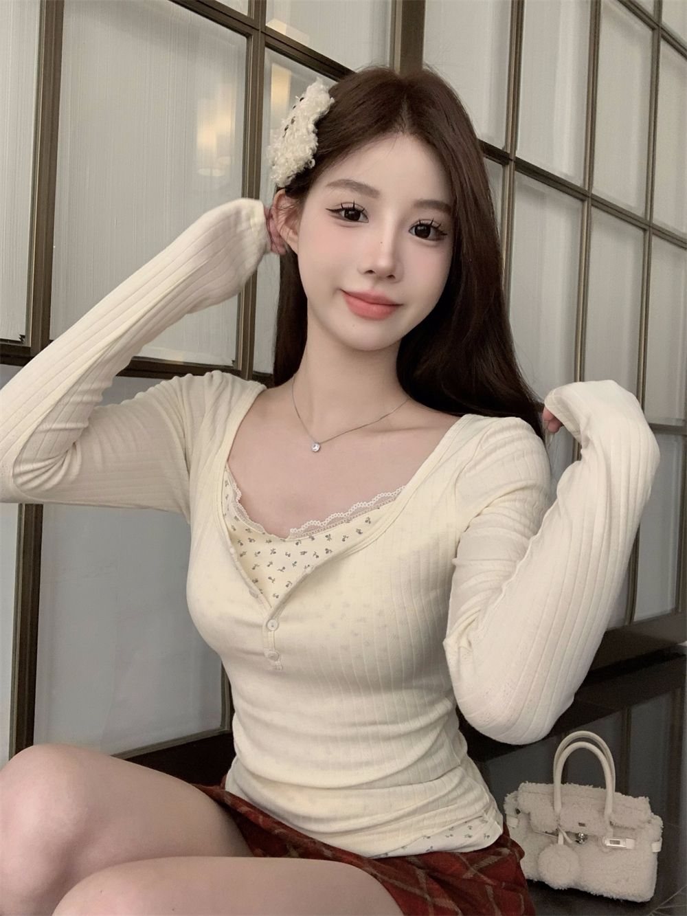 美式辣妹假兩件拼接碎花長袖上衣女秋季新款打底衫設計感短款T恤