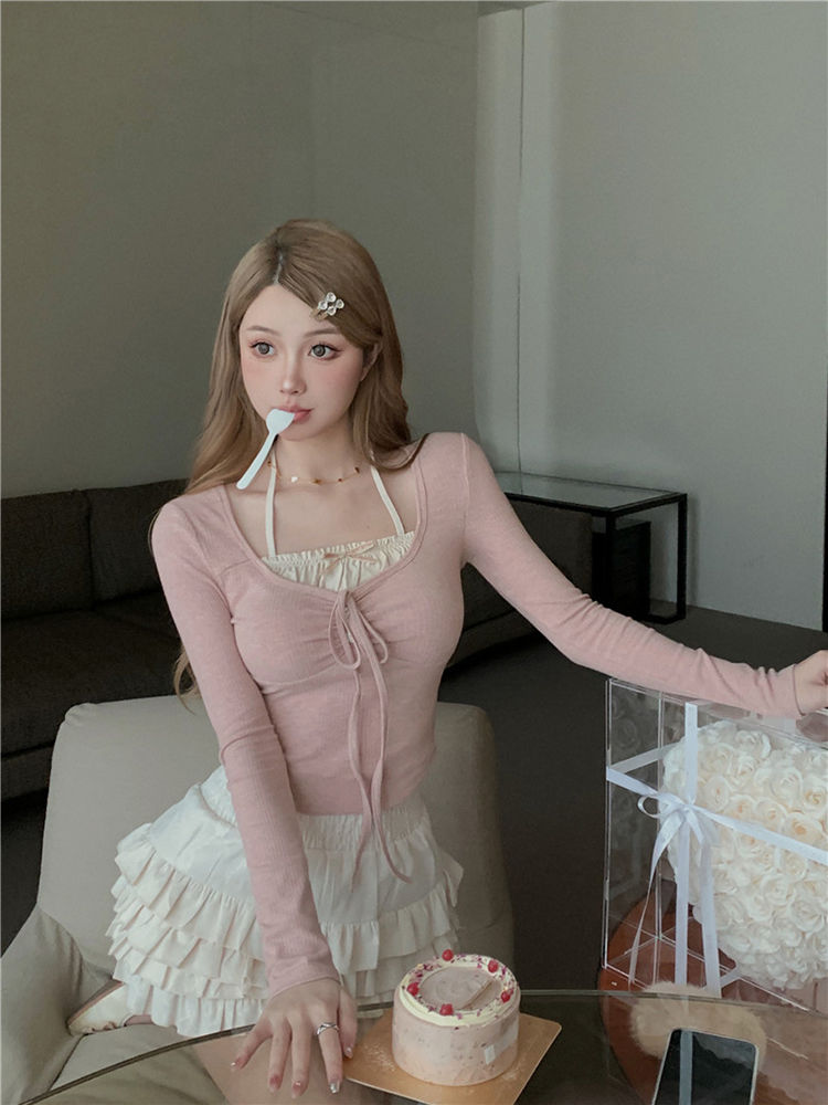 假兩件甜辣妹長袖T恤女秋季芭蕾風粉色緊身修身短款純欲別致上衣